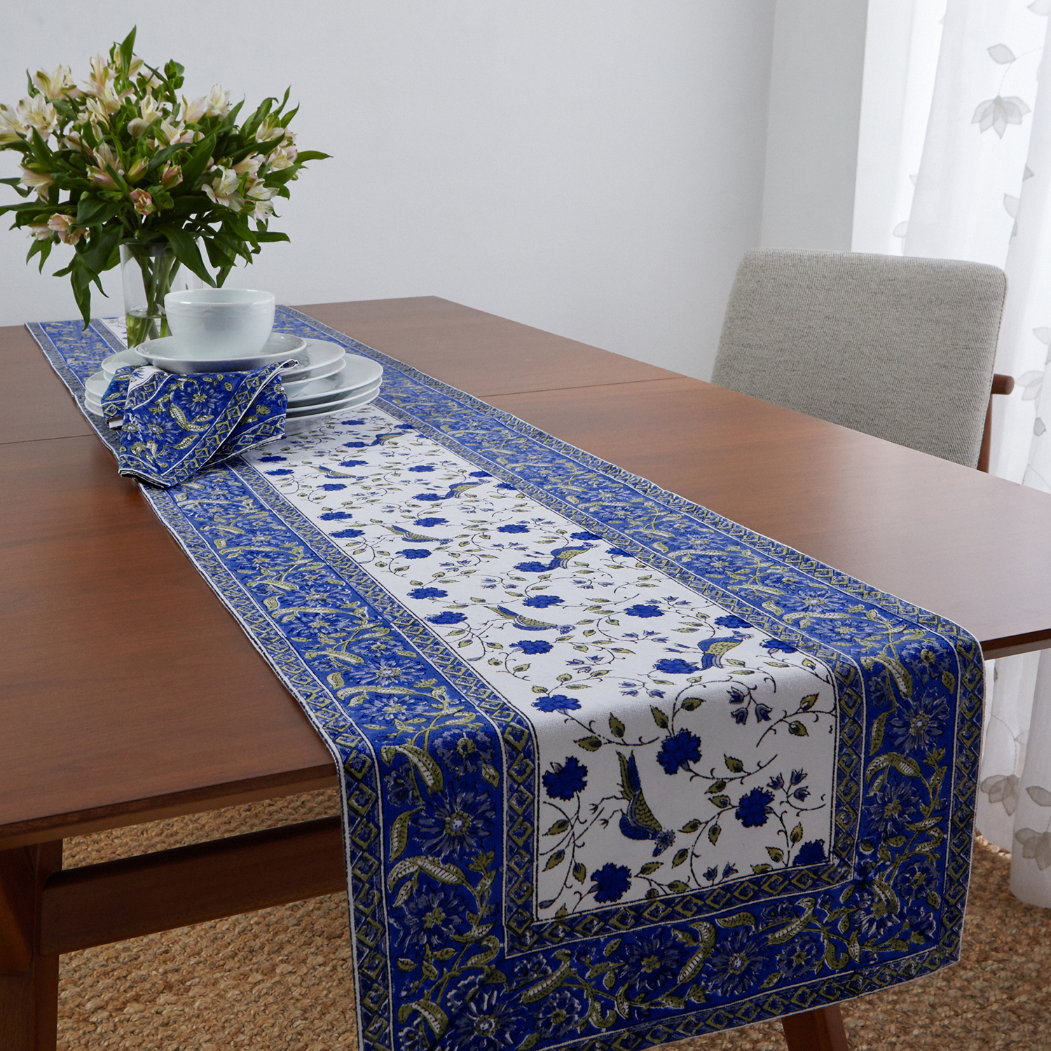 Birds on Vine Runner - Blue
